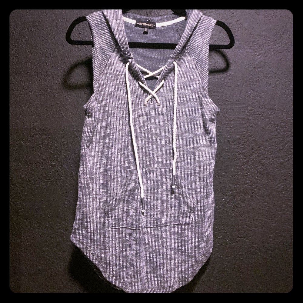 Sleeveless Hooded Gray Knit Sweater Shirt